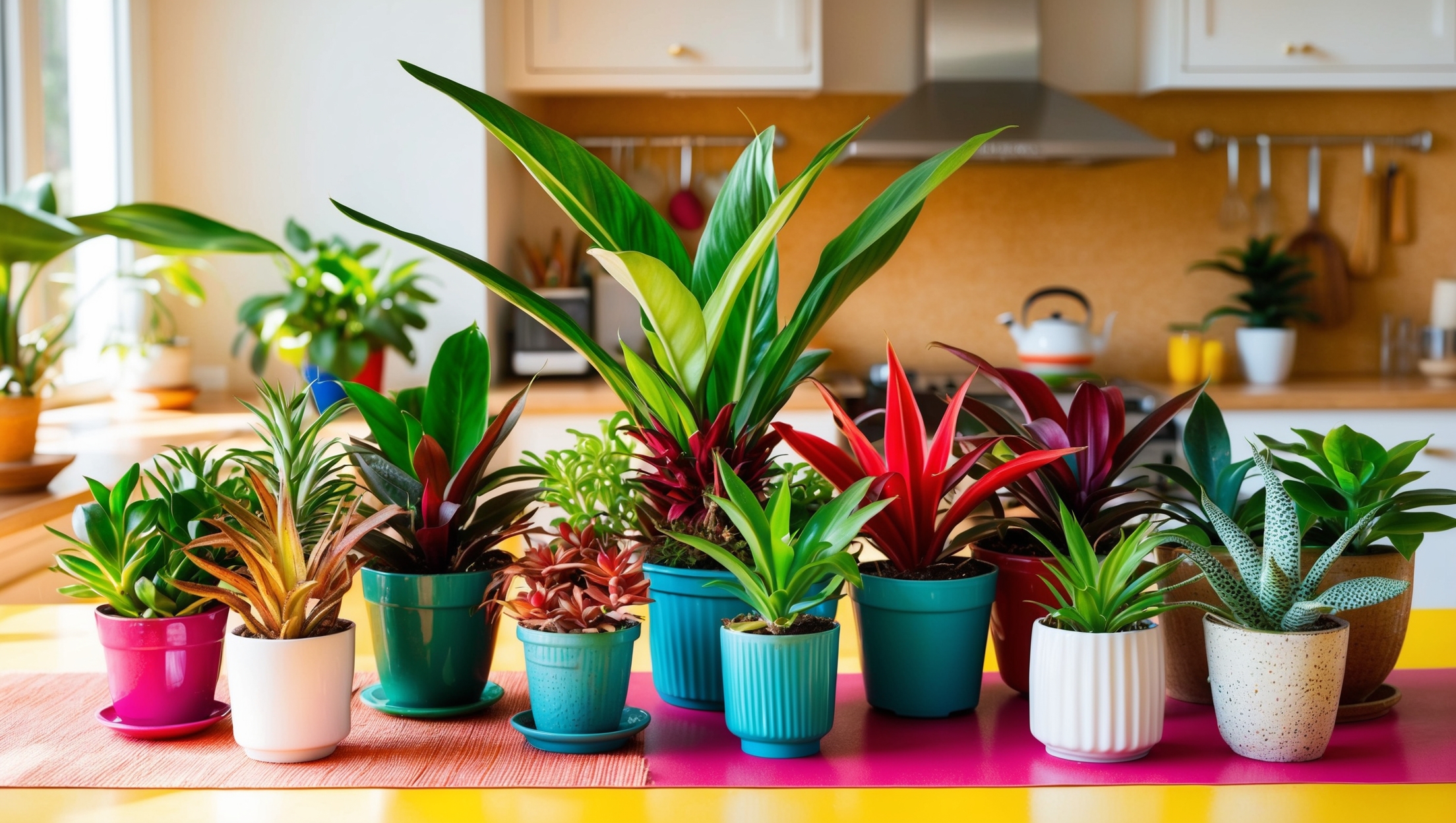 A variety of tropical porro plants on a vibrant kitchen table