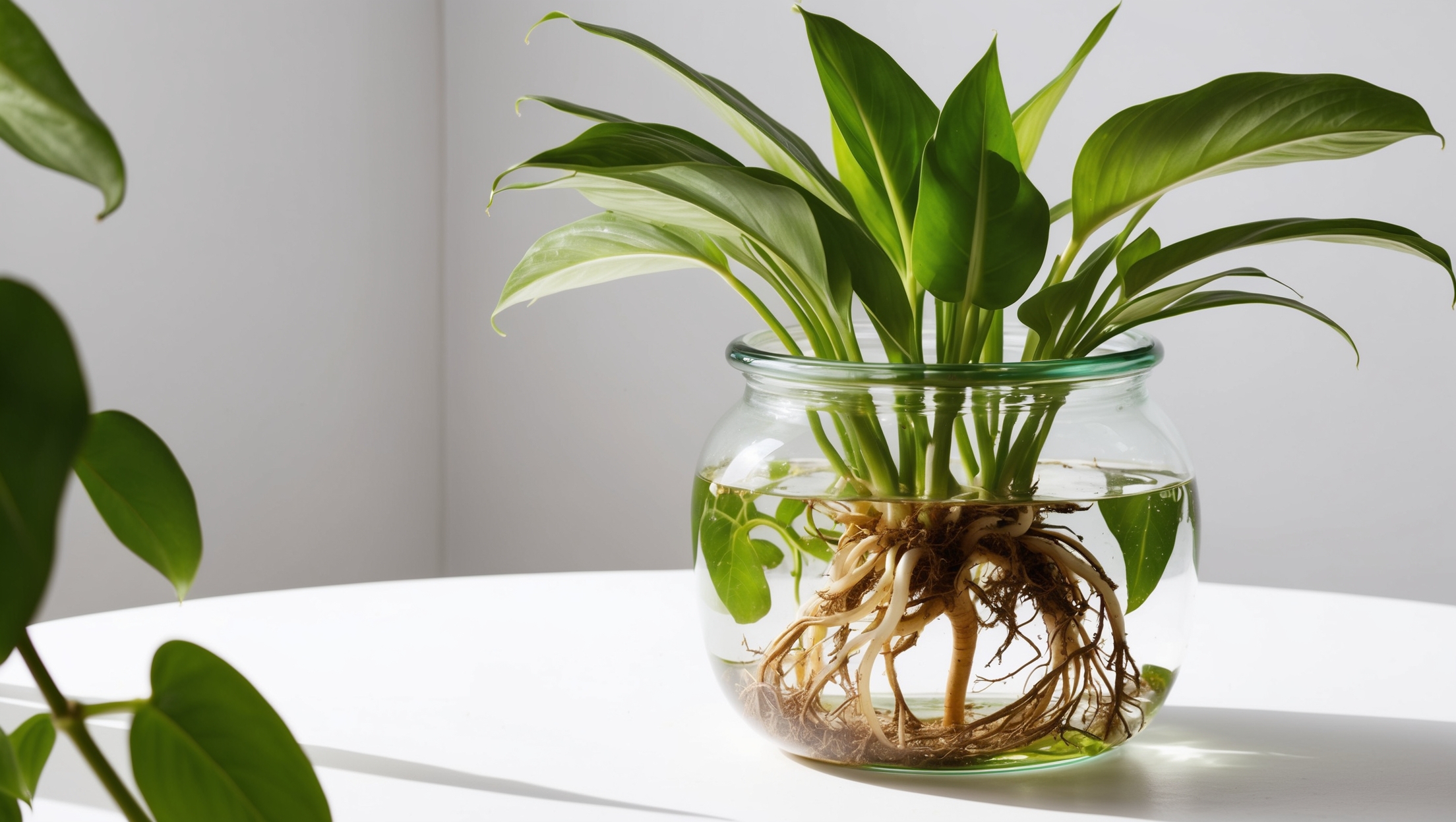 A vibrant green plant in a clear jar with visible roots, illustrating water-based plant care