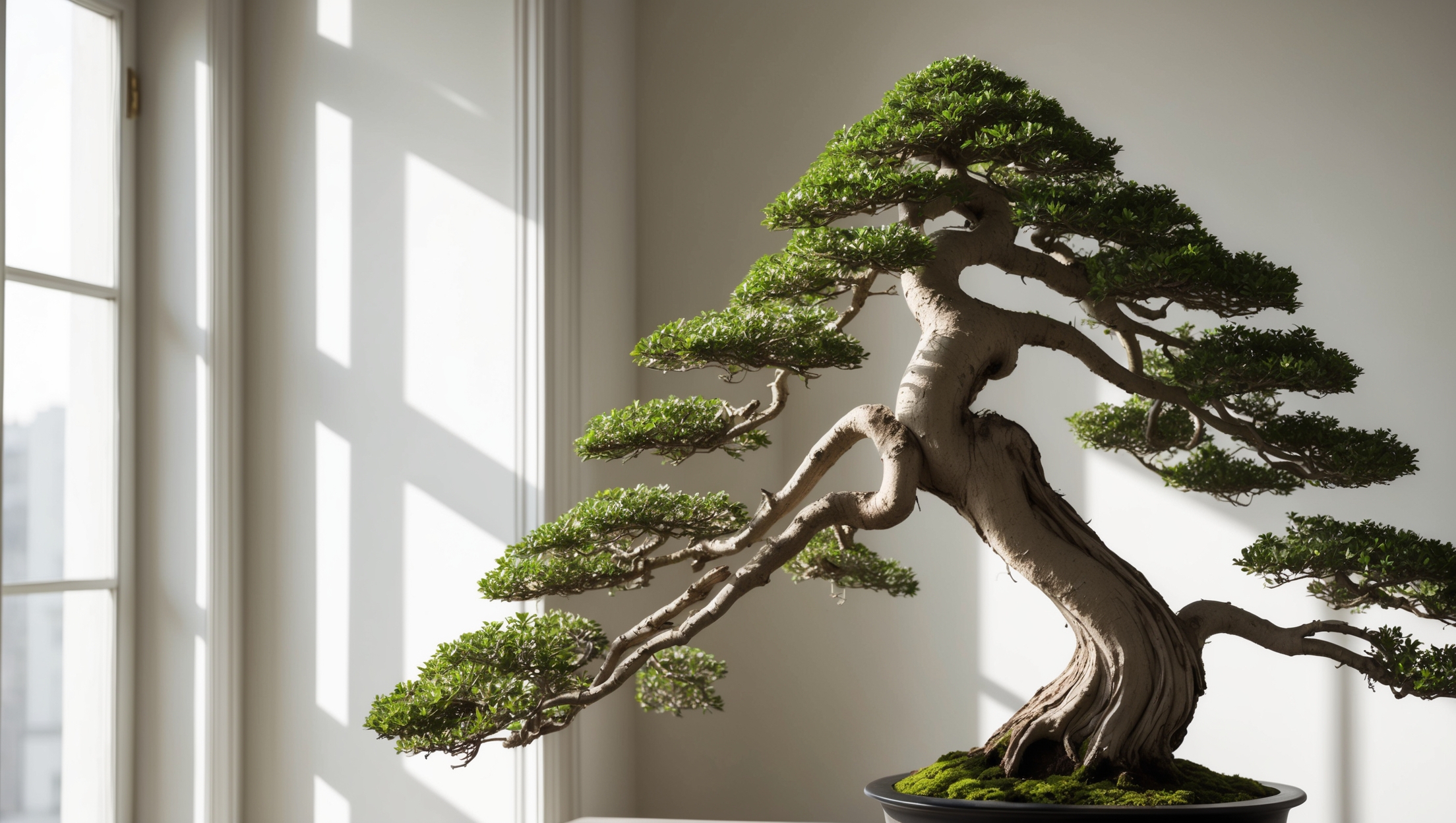 Close-up of a bonsai tree in a minimalist indoor setting