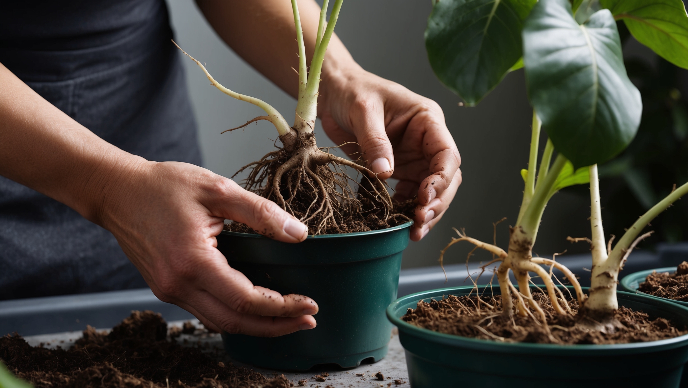 Hands gently handling plant roots during repotting
