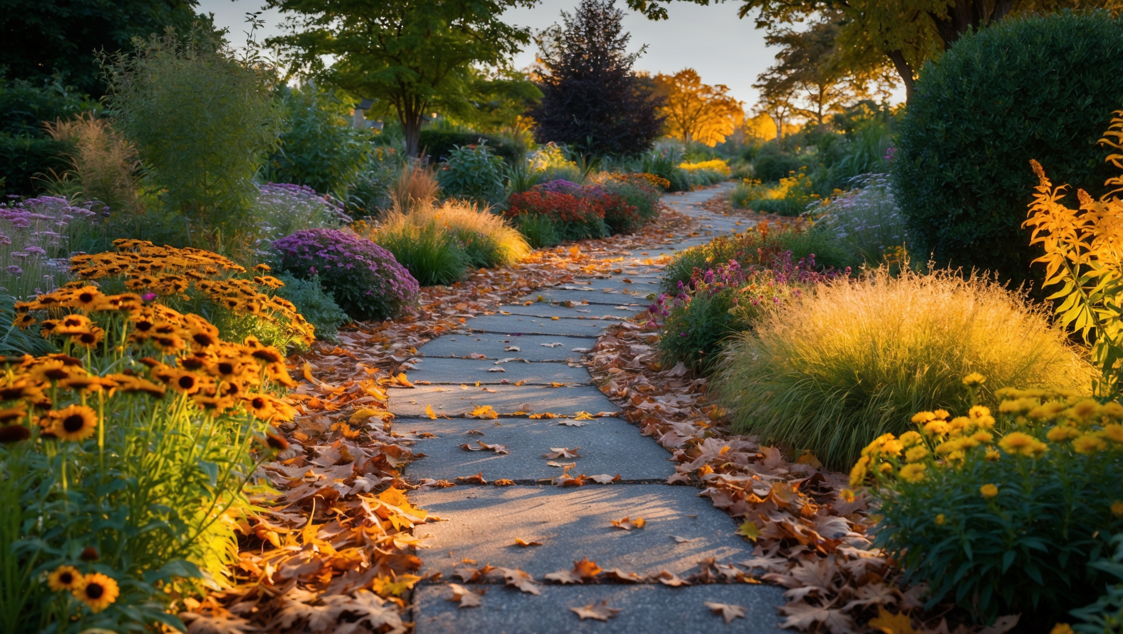 Autumn garden path with blooming perennials