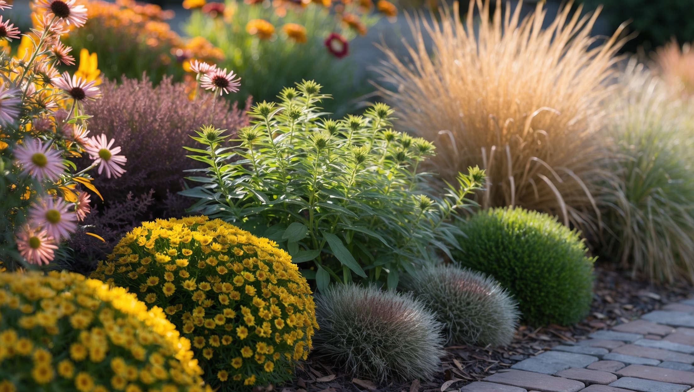 Close-up of a lush perennial garden bed