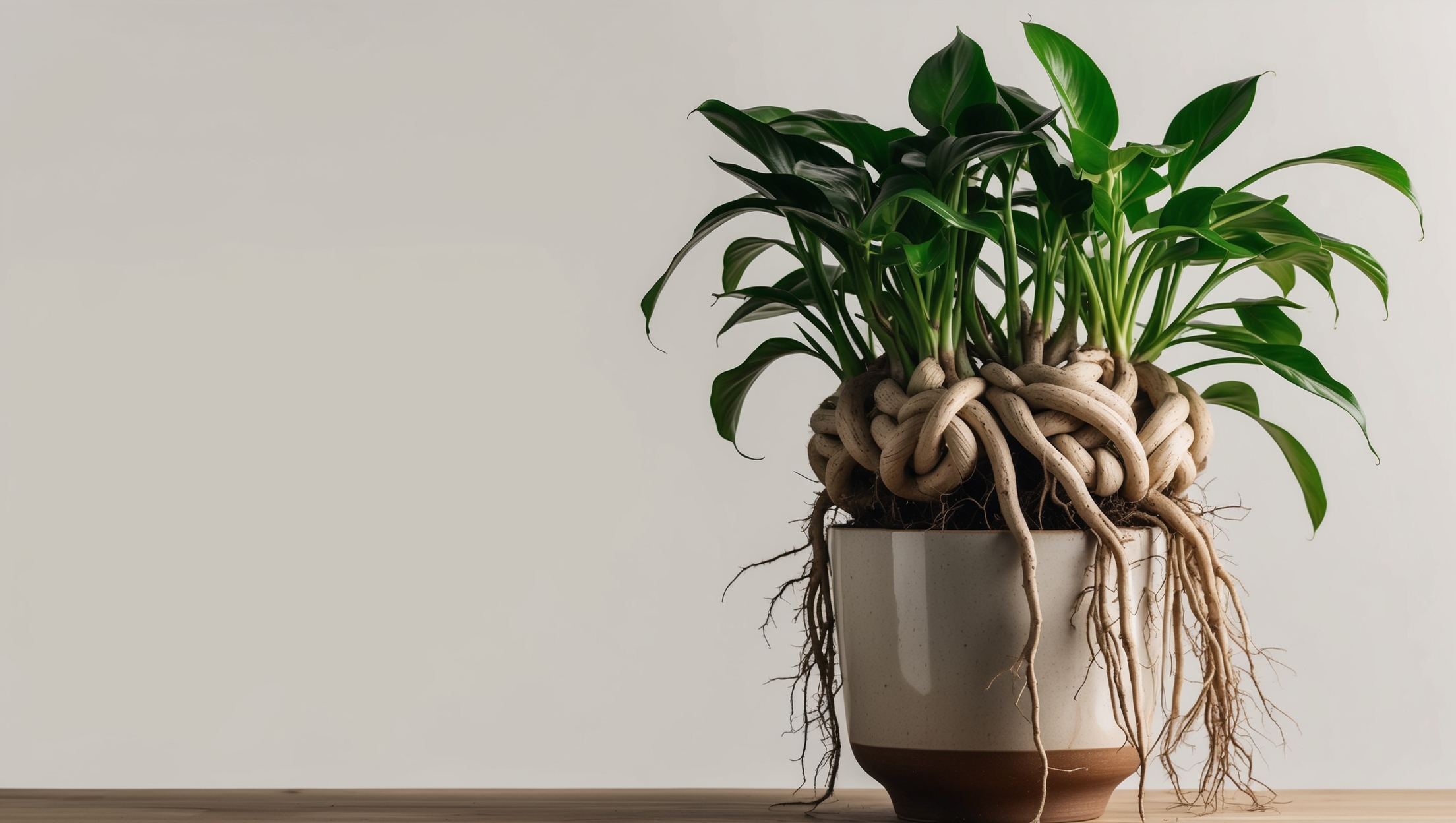 A close-up of gnarly plant roots spilling out of a pot, begging for repotting