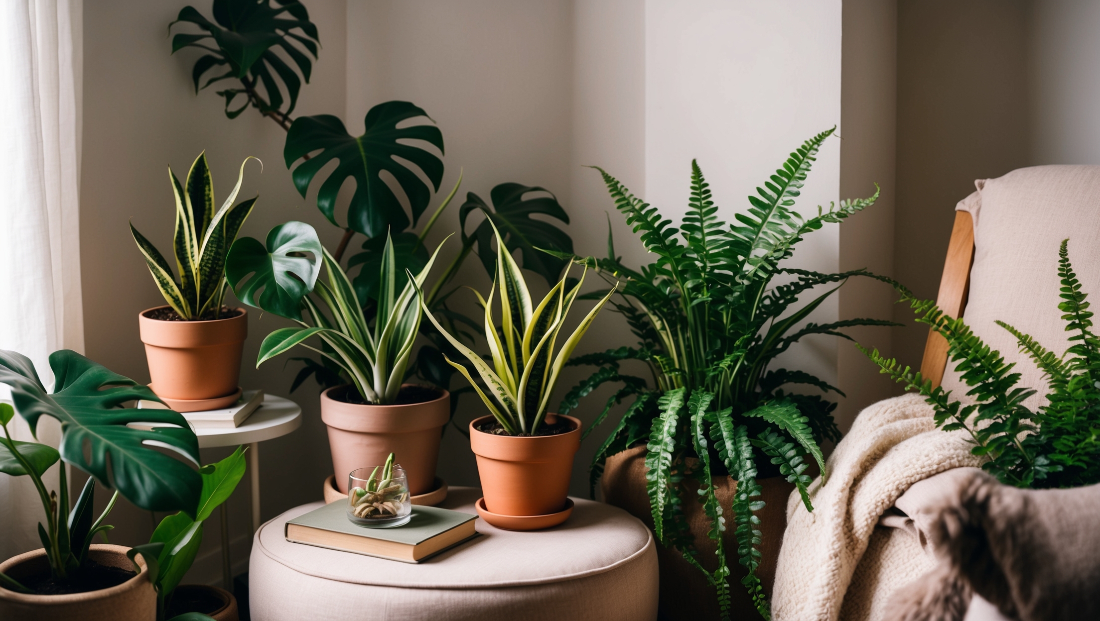 A cozy indoor plant corner with a variety of thriving houseplants