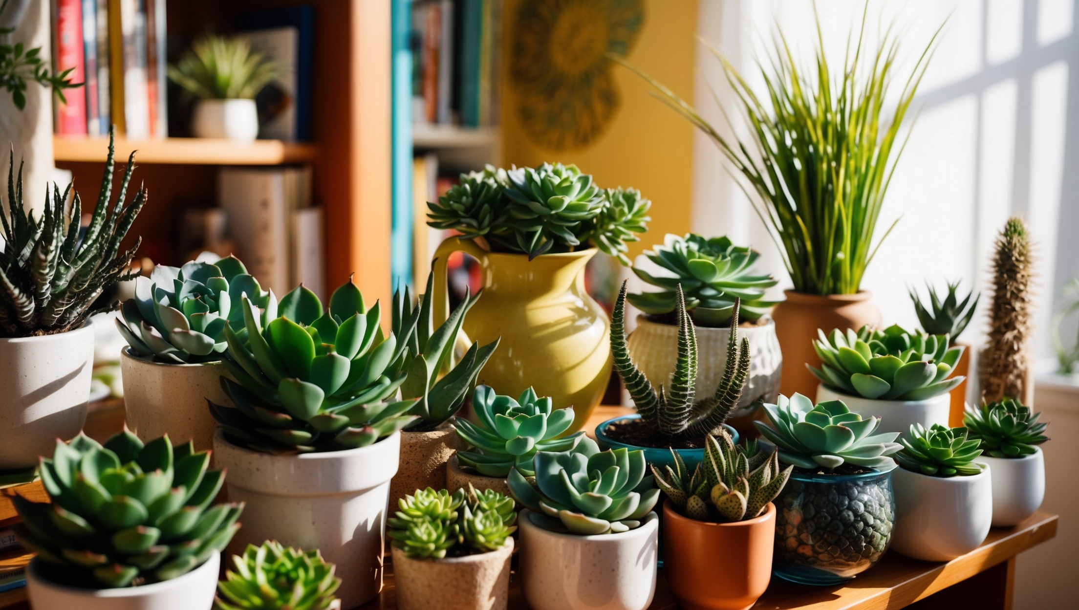 A thriving collection of succulents on a sunny bookshelf