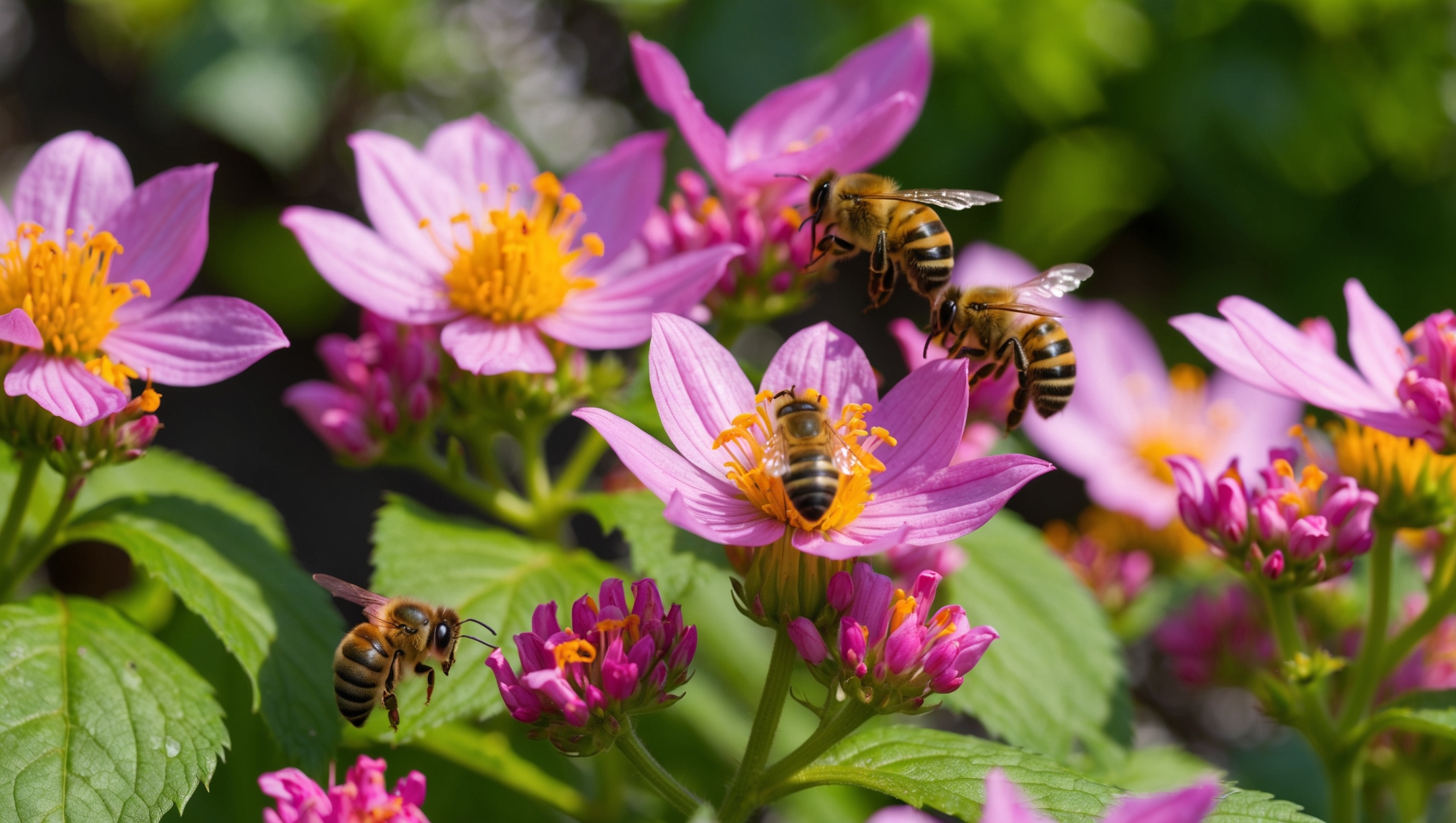a close-up of bee balm flowers with bees