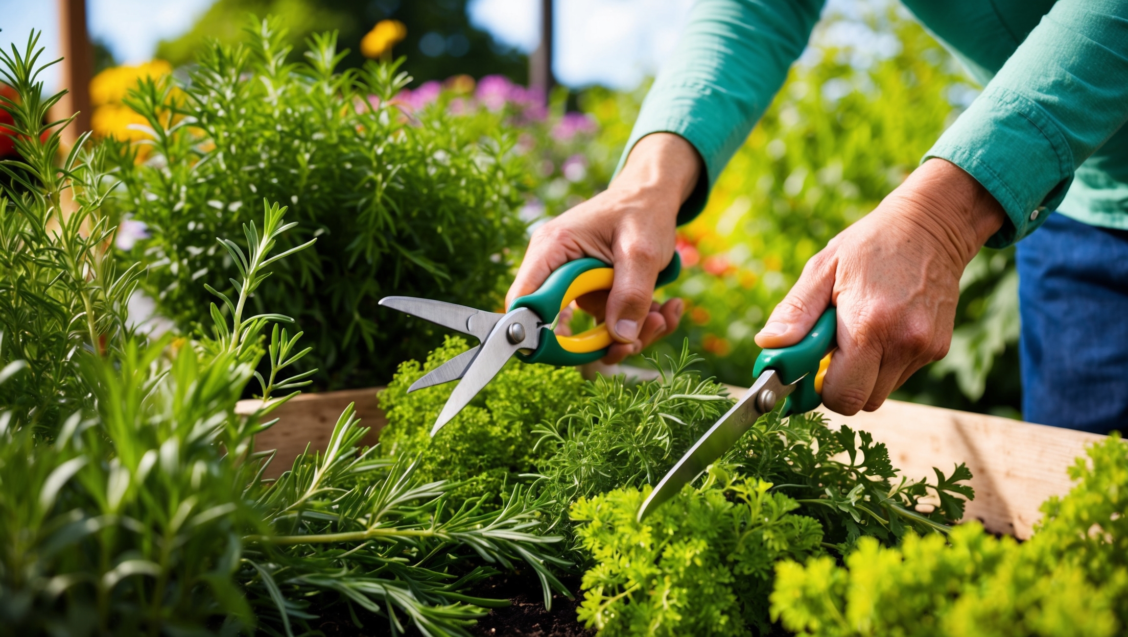 a gardener pruning herbs in a vibrant garden