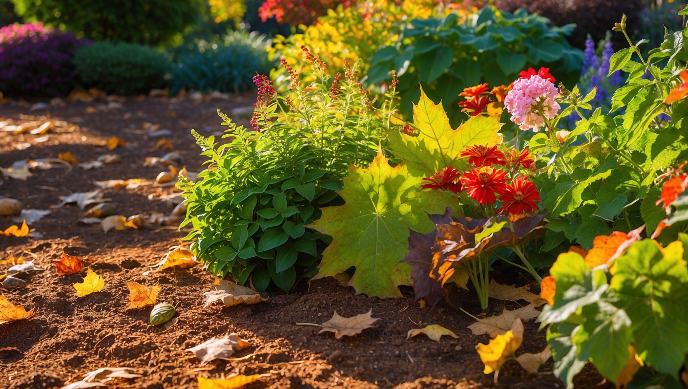 A vibrant fall garden scene with leafy greens and vibrant flowers