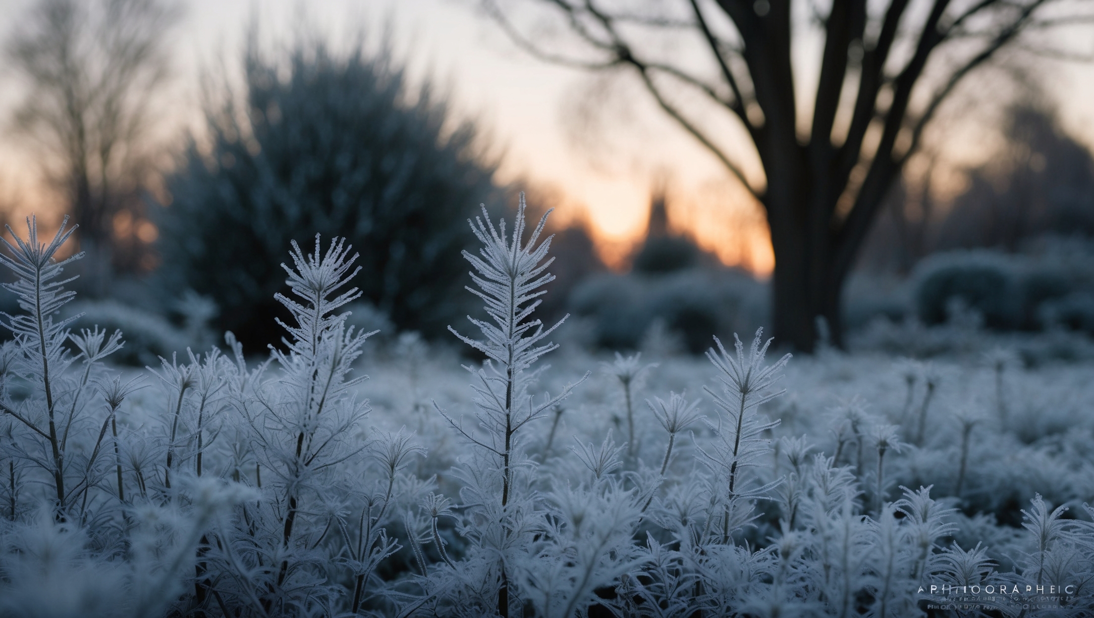 Late autumn garden with a layer of frost covering plants