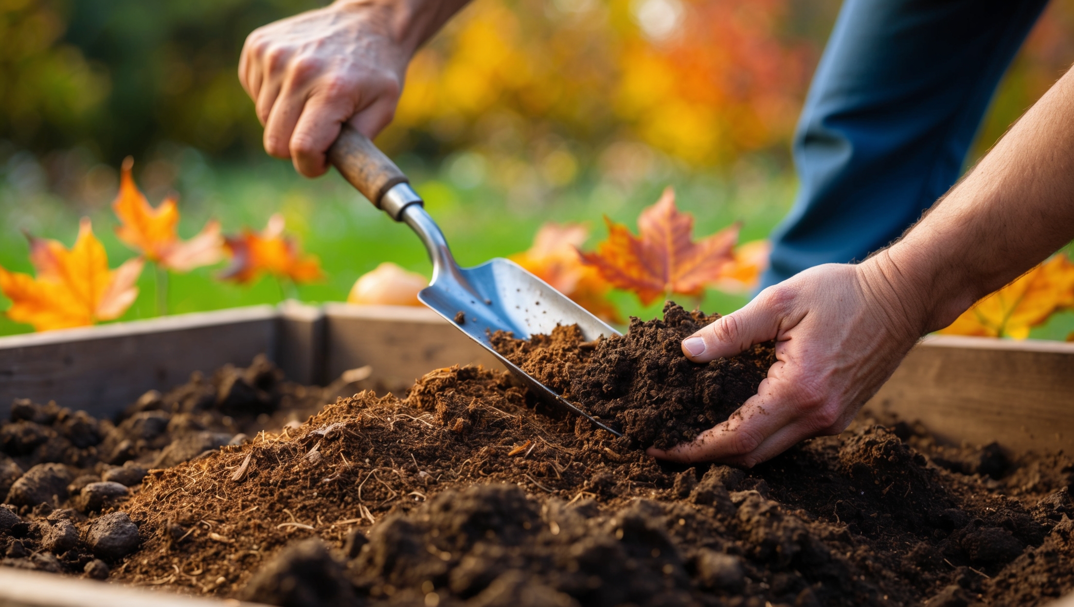 Preparing soil with a trowel and compost in a fall garden setting