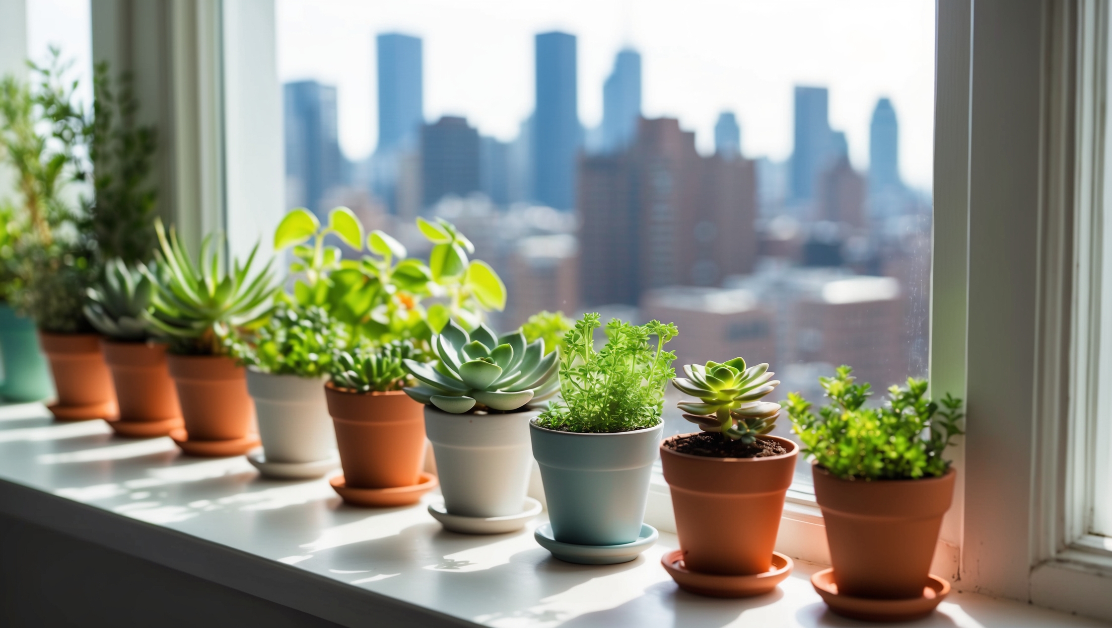 A bright windowsill overflowing with small potted plants