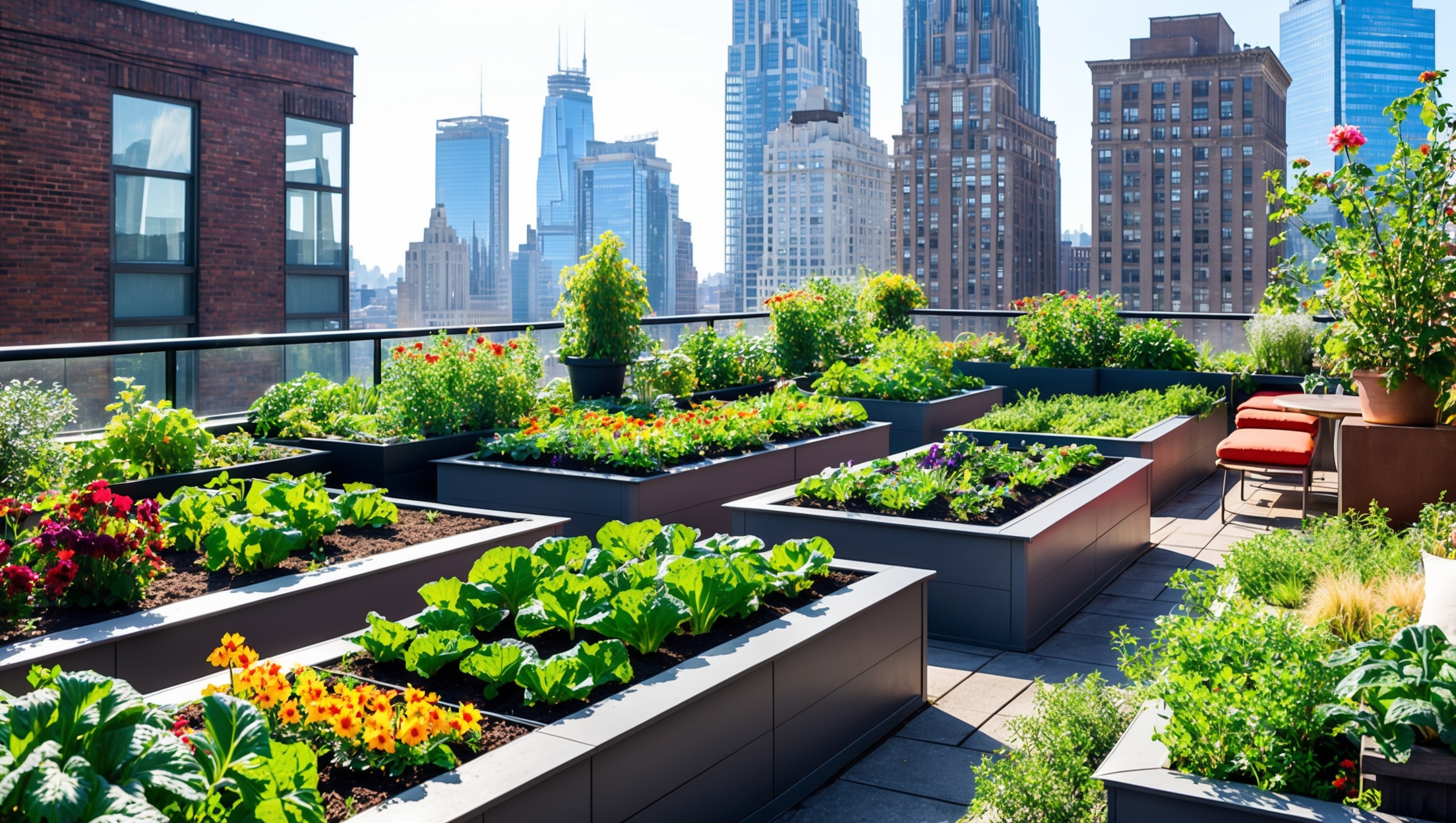 An urban rooftop garden rich with diverse plants