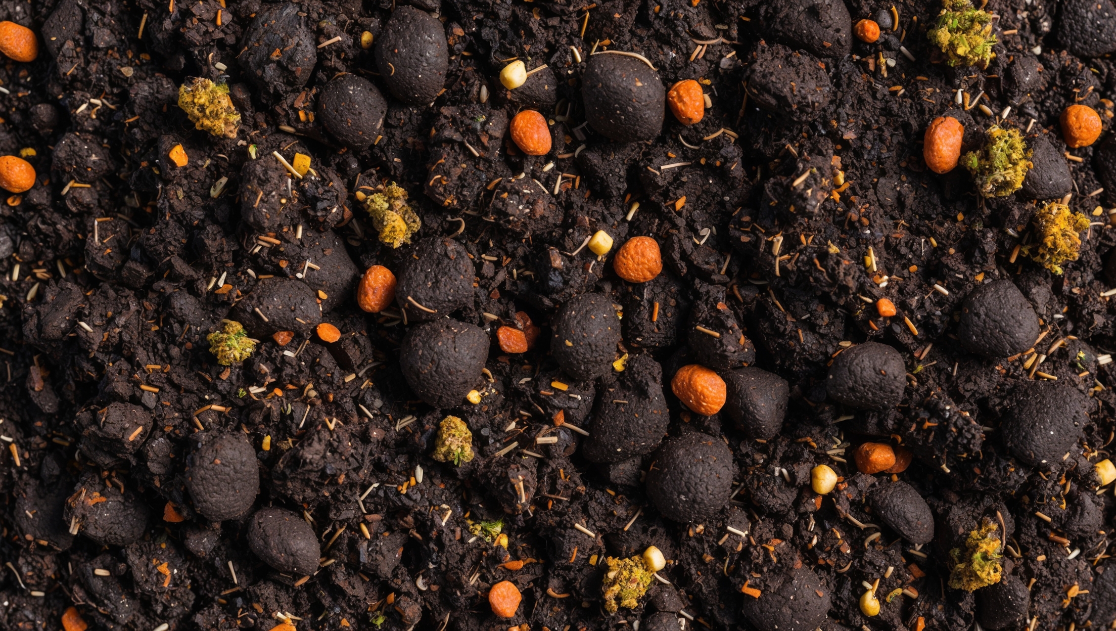 Close-up of rich, dark soil with visible nutrients and textures