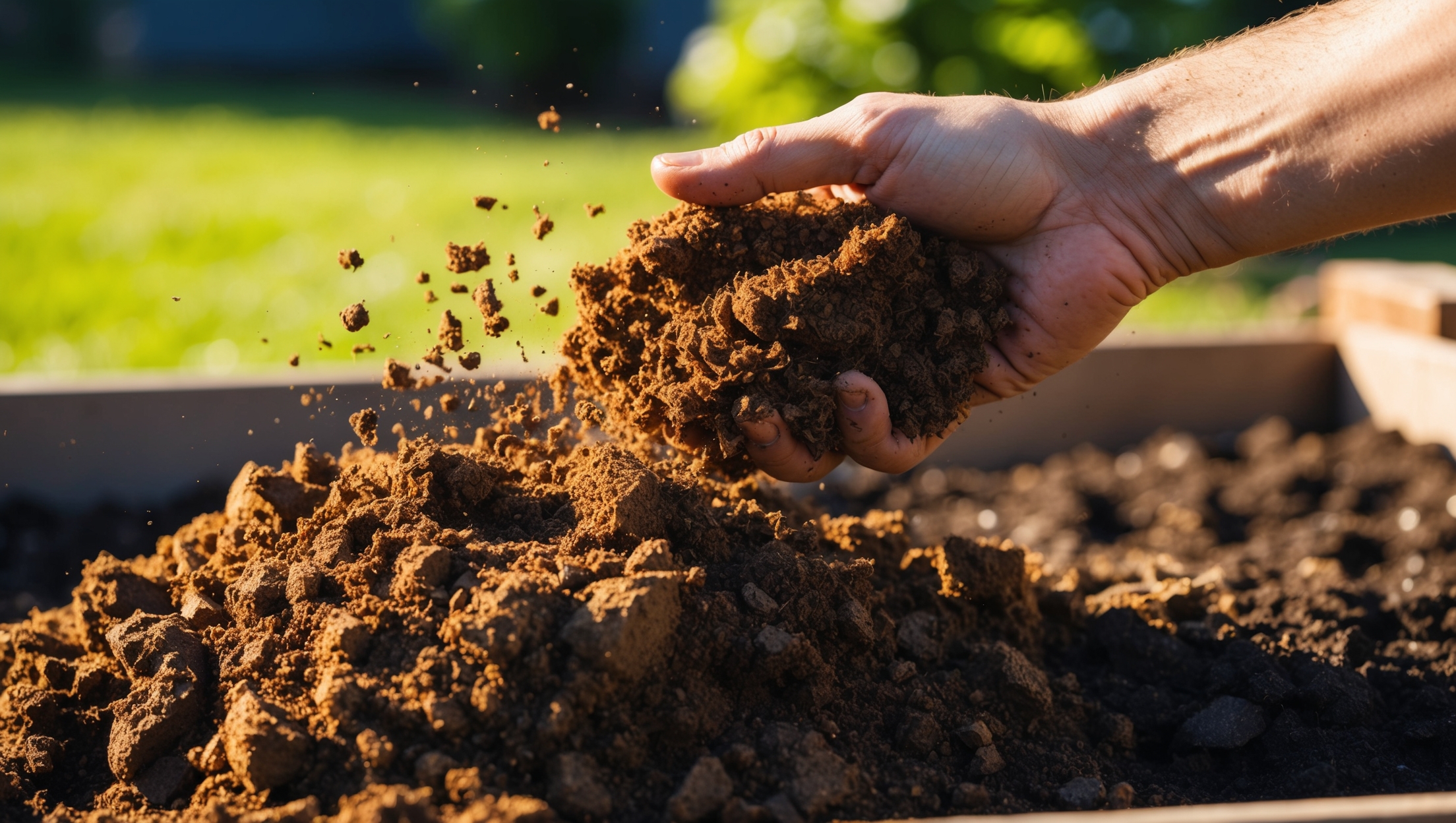Rich compost being added to garden soil