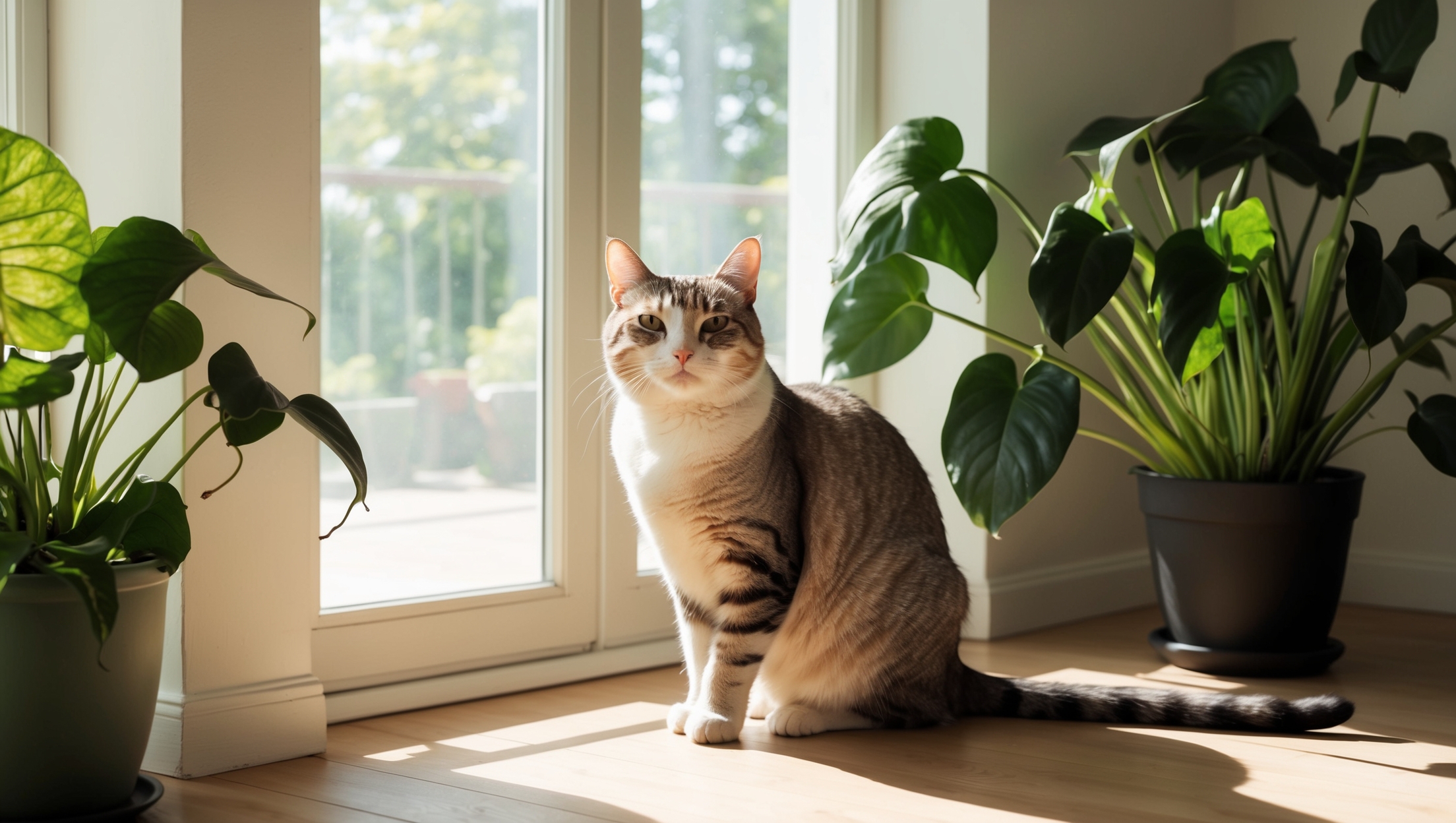Cat perched next to lush houseplants in a sunlit room