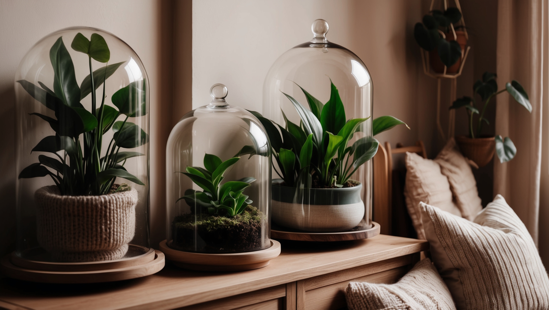 Houseplants in terrariums and glass cloches