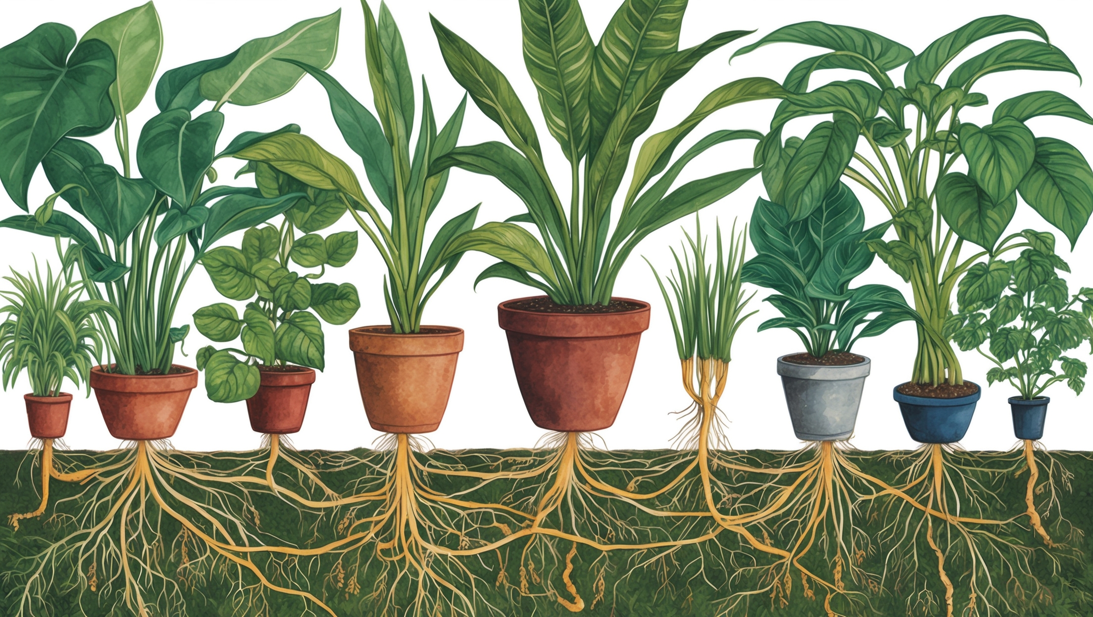 Greenhouse with diverse plants connected by roots