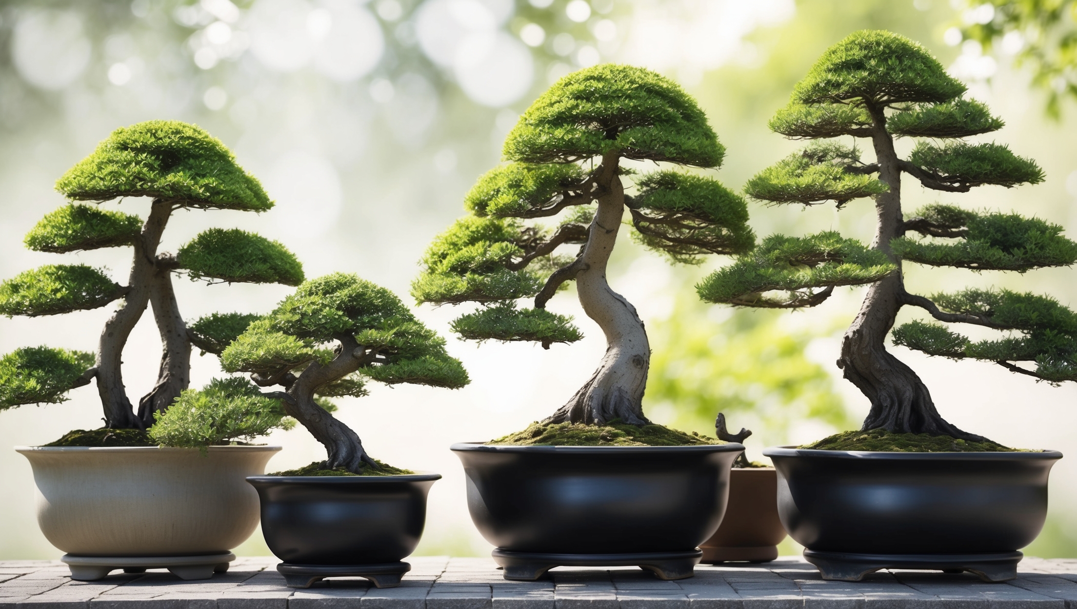 A peaceful garden scene showing a variety of bonsai trees on display