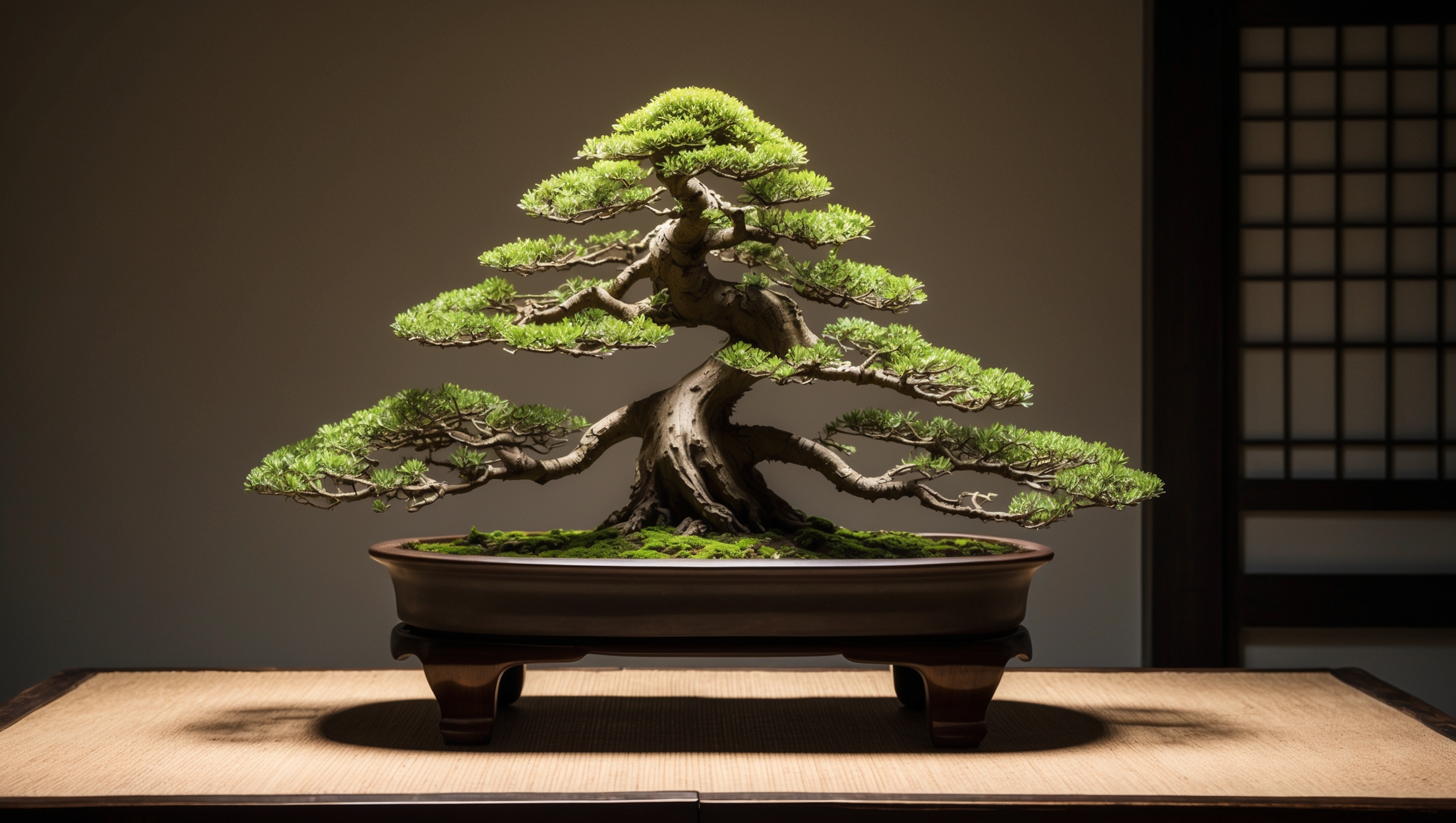A small, beautifully shaped bonsai tree on a rustic wooden table