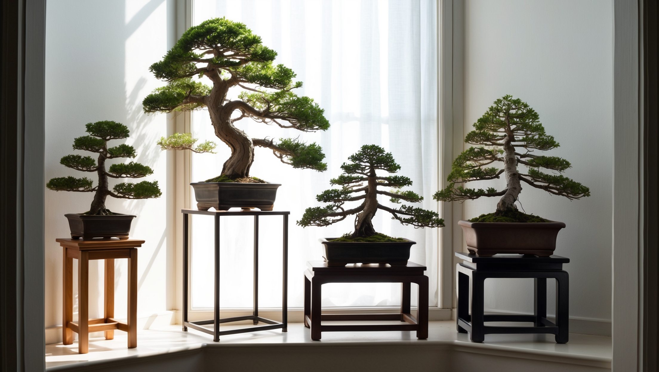 A sunlit corner of a room, displaying a variety of bonsai trees