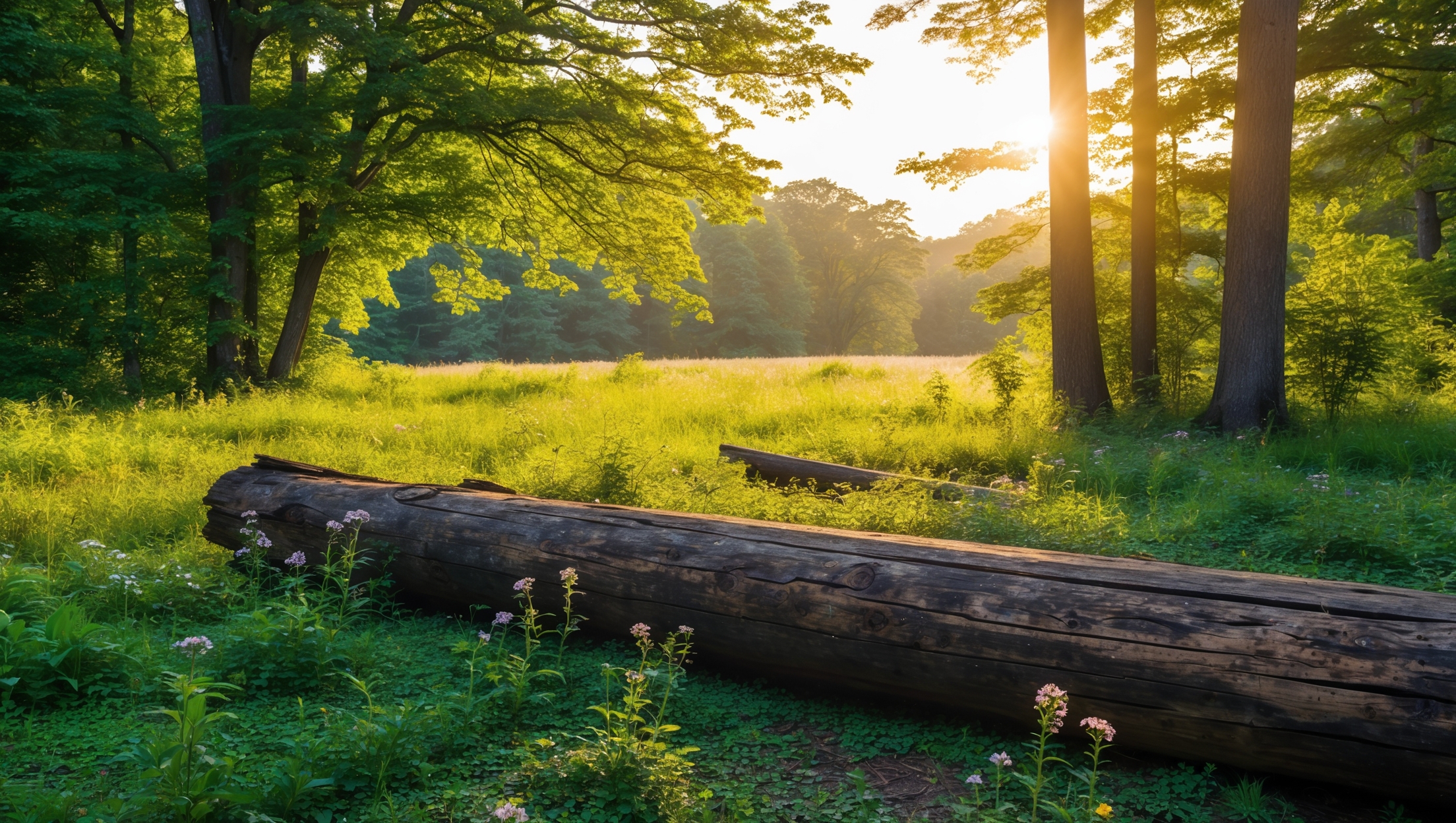 A sunny clearing in the woods with a fallen log perfect for resting