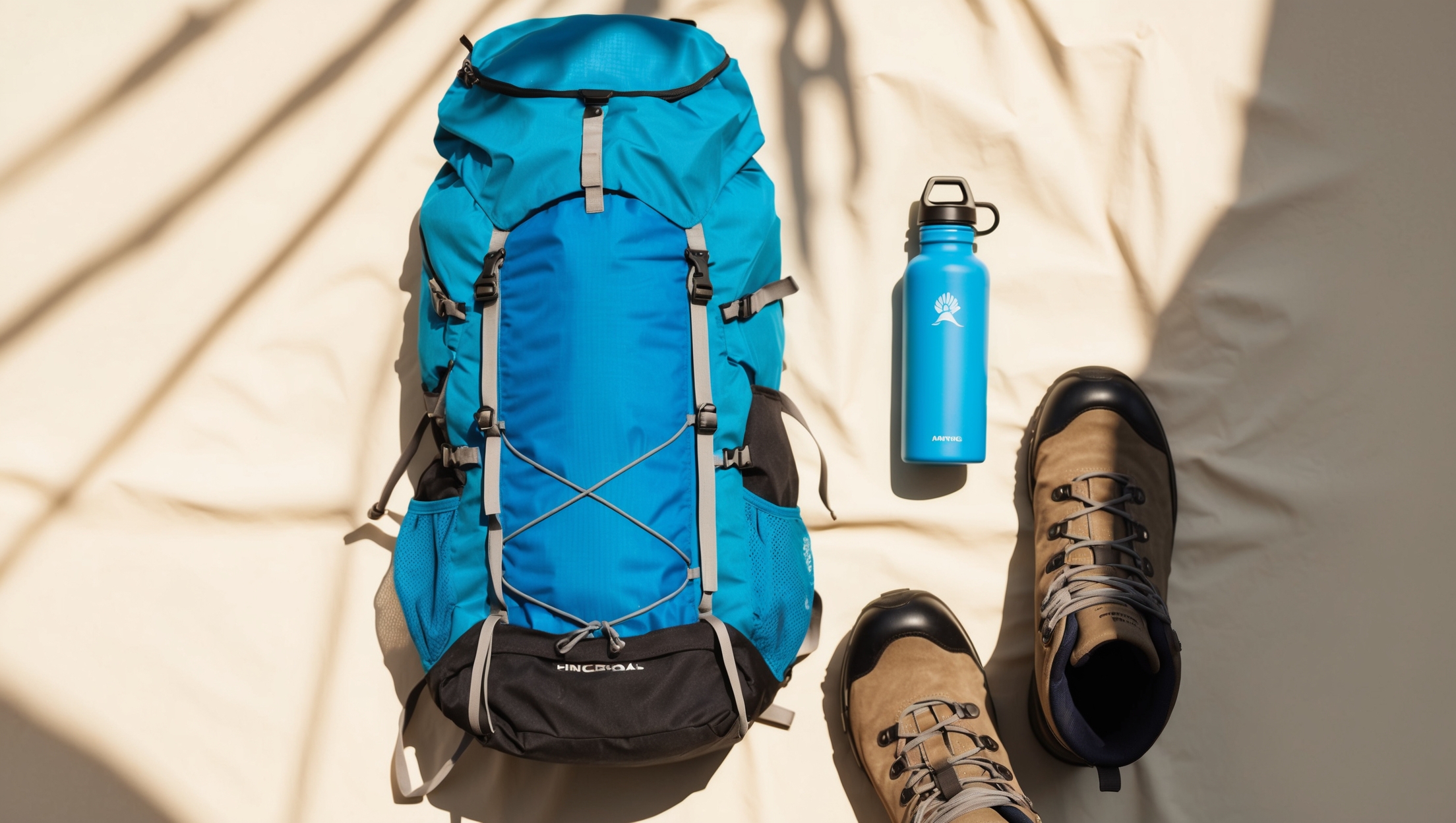 Bright blue backpack and hiking gear laid out on a wooden surface