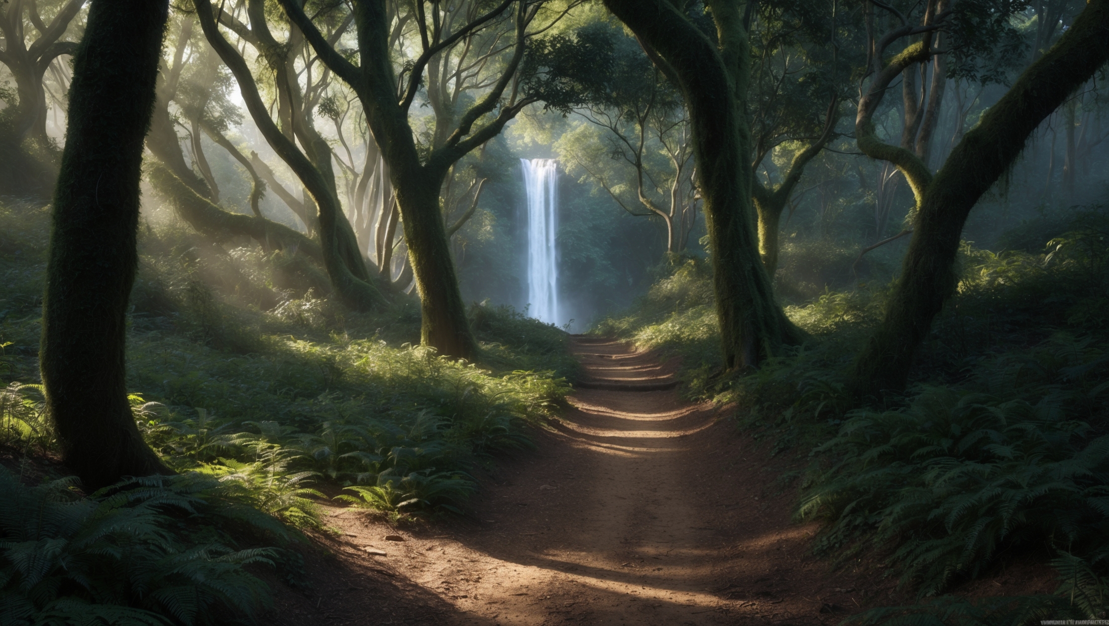 Sun-dappled forest trail leading to a hidden waterfall